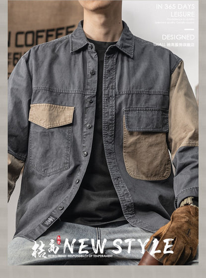 Spring and autumn new American vintage khaki loose long-sleeved shirt Japanese casual cargo shirt men's patchwork trend top