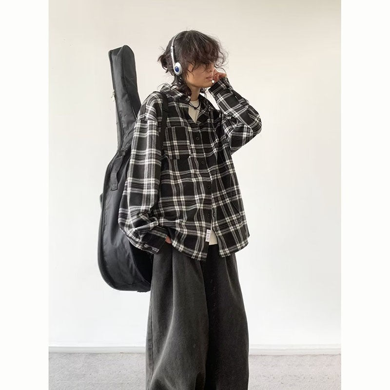 Japanese Cargo Shirt Men Women Vintage Black White Checkered Loose Long-sleeved Tops Spring Casual Lapel Unisex Oversize Shirts