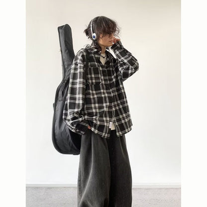 Japanese Cargo Shirt Men Women Vintage Black White Checkered Loose Long-sleeved Tops Spring Casual Lapel Unisex Oversize Shirts