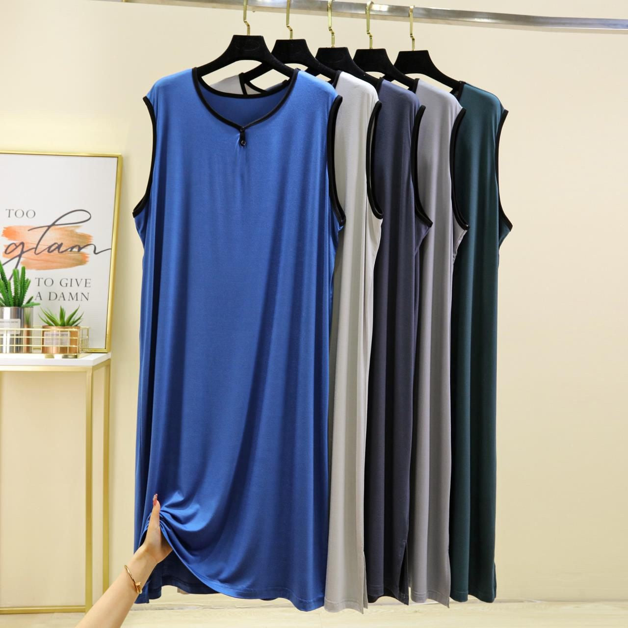 Modal Cotton Men Plus Size Pajamas Night Gown for Summer Solid Color Thin Sleeveless Medium Long Loose Button Vest Style Dress