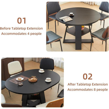 Mid Century Modern Extendable Dining Table Seats 4-8, Round & Oval with Hidden Leaves for Space-Saving