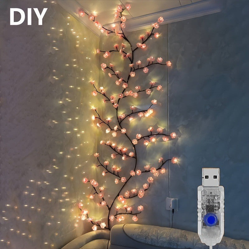 LED Cherry Blossom String Lights USB 8 Modes Artificial Sakura Fairy Vine Light for Bedroom Wall Wedding Party Valentine's Day