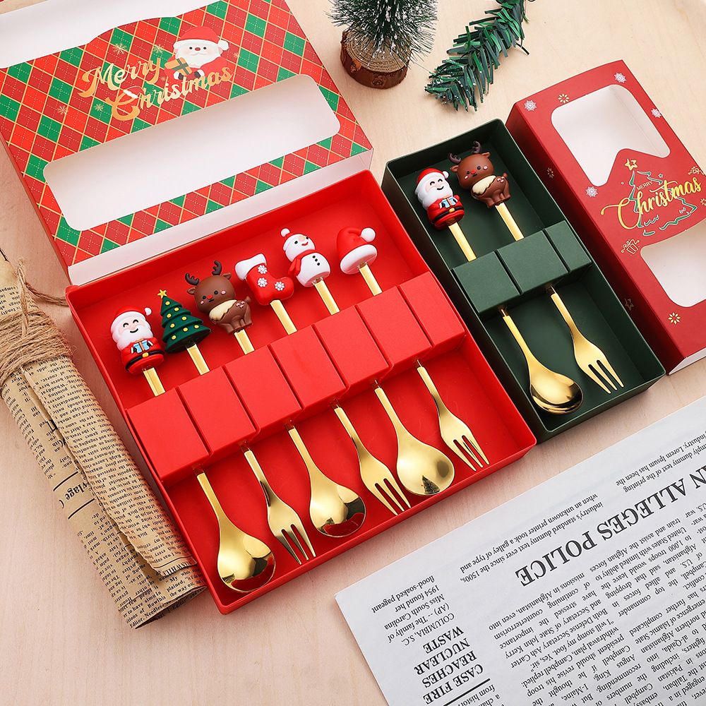 Christmas Themed Cutlery Gift Set 2/4/6pcs Stainless Steel Forks Spoons for Dessert, Creative Holiday Tableware Coffee Tea Party