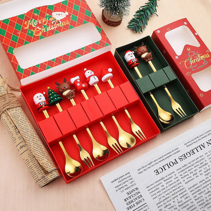 Christmas Themed Cutlery Gift Set 2/4/6pcs Stainless Steel Forks Spoons for Dessert, Creative Holiday Tableware Coffee Tea Party