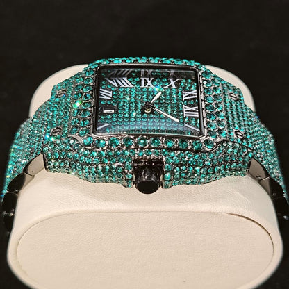 Green Diamond Watch For Men Brand UNIGUET Fashion Roman Literal Quartz Clock Man Hip Hop Iced Jewelry Square Wristwatch 2025 New