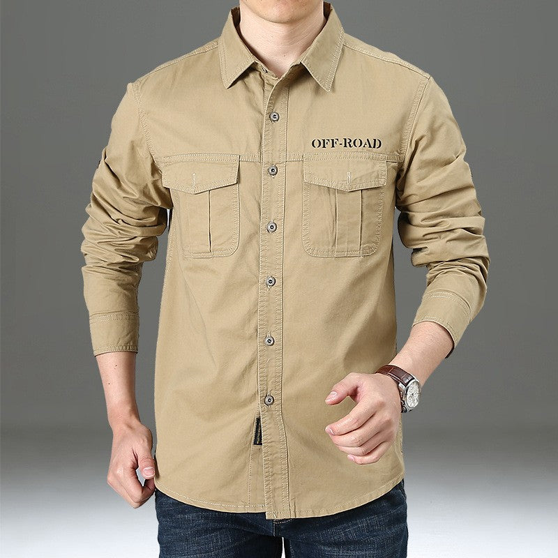 Men Loose Long-sleeved Shirt. New Solid Color Shirt for Middle-aged and Young People in Europe and America in Spring and Autumn