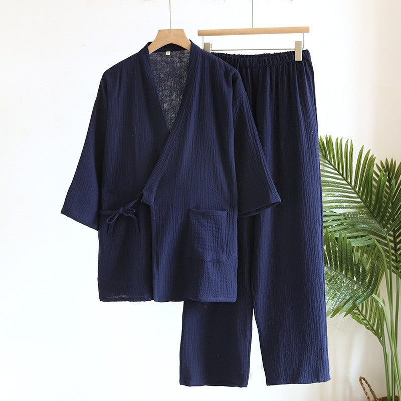 Large Size Kimono Robes with Pocket and Long Pants 2 Pcs Pajamas Set for Men Sleepwear Clothes Cotton Pjamas for Men