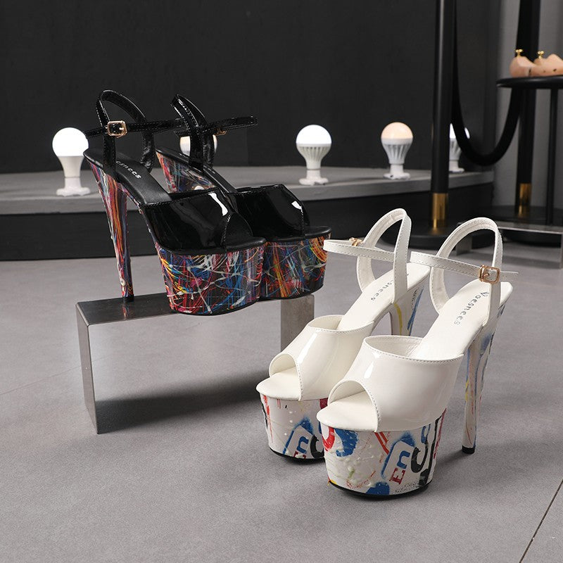 17CM Summer Shoes Women luxury Sandals Platform Ladies Shoes Stripper Womens High Heels Geometric Fluorescent Night light Heels