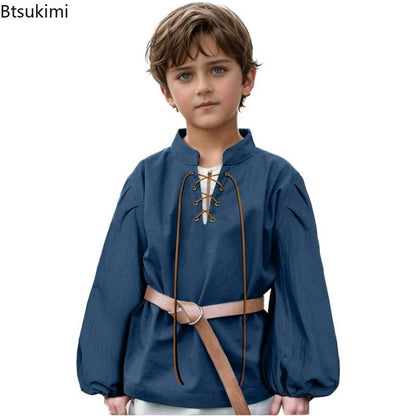 Boys Medieval Pirate Shirt Kids Renaissance Lace up Halloween Scottish Jacobite Ghillie Costume Tops Viking Colonial Costume Top