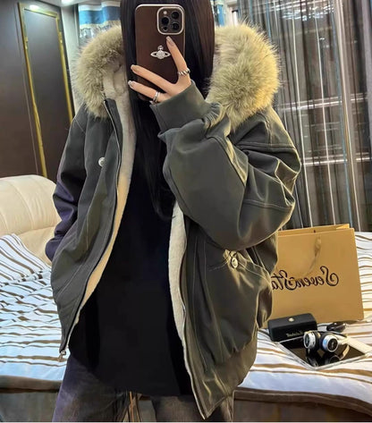 American Street Fur Collar Zipper Hooded Jacket Women Autumn Winter Retro New Velvet Thickened Warm Fashion Loose Casual Jacket