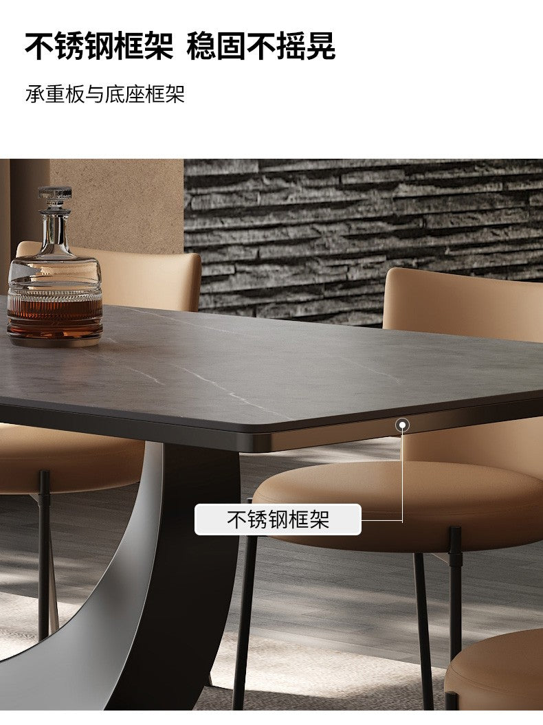 Modern Rectangle Minimalist Rock Slab Restaurant Dining Table And Chairs Stainless Steel Frame Leather Dining Chair Italian