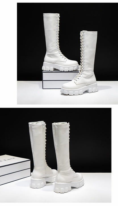 LazySeal Winter Long Boot Shoes Women White Lace Up Zip Height Increasing Pu Leather Shoes Plush Botas Mujer Big Size 43