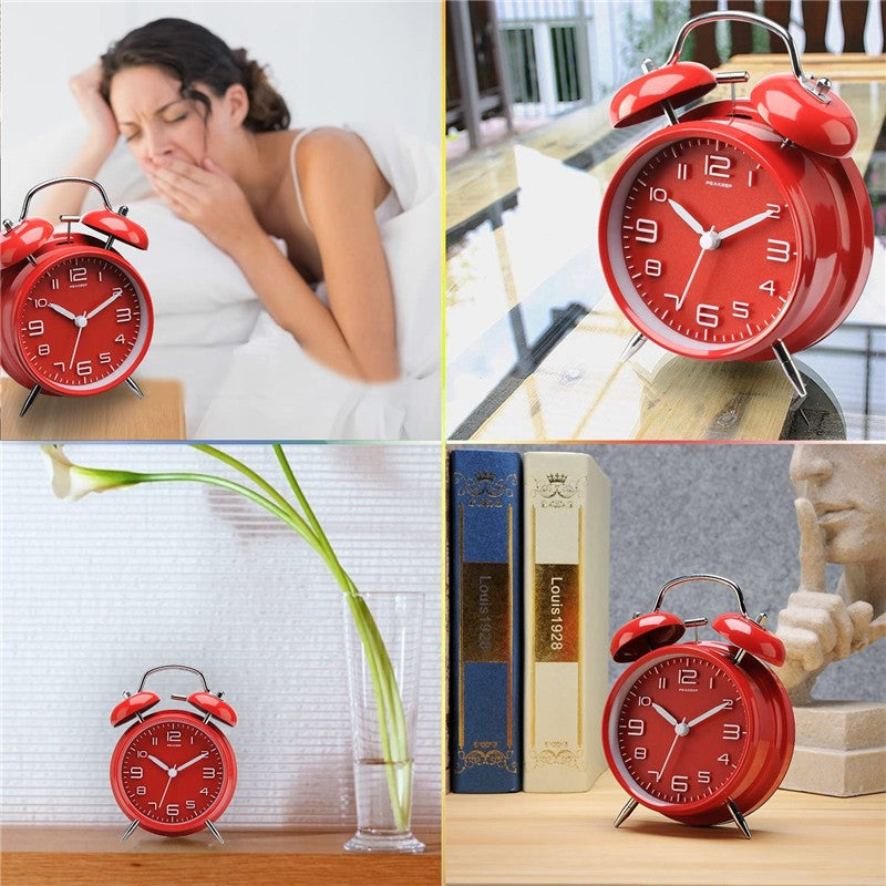 4 Inch Twin Bell Loud Alarm Clock Metal Frame 3D Dial with Backlight Battery Operate Desk Table Alarm Clock For Home and Office