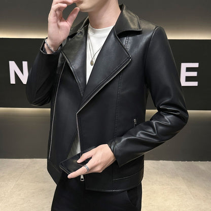 Autumn Men's Green Lapel PU Jacket, Black Faux Leather Motorcycle Coats, Coffee-Brown Casual Top, Asian Sizes Fit Slim Cut.