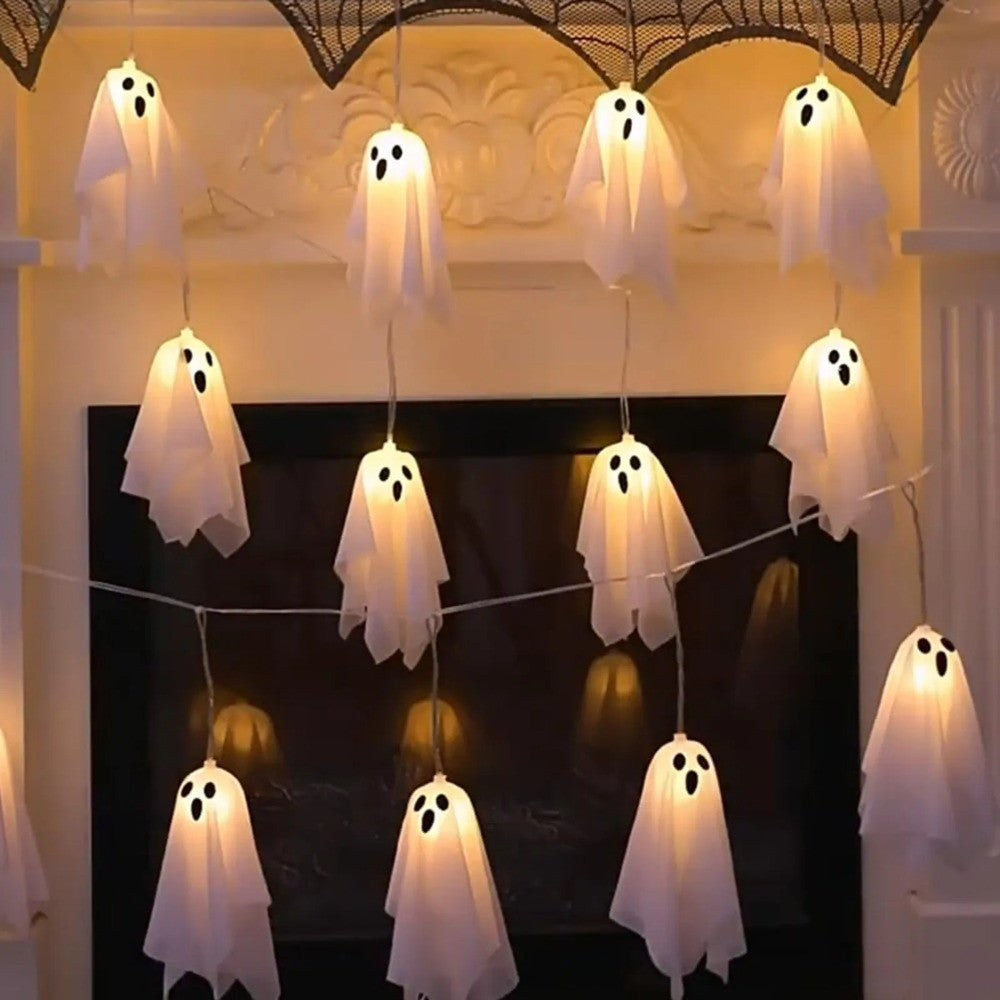 10Pcs LED Spooky Hanging Ghosts Decor, Halloween Ghost String Lights, Battery Operated Light Up Glow Garland for Indoor Outdoor