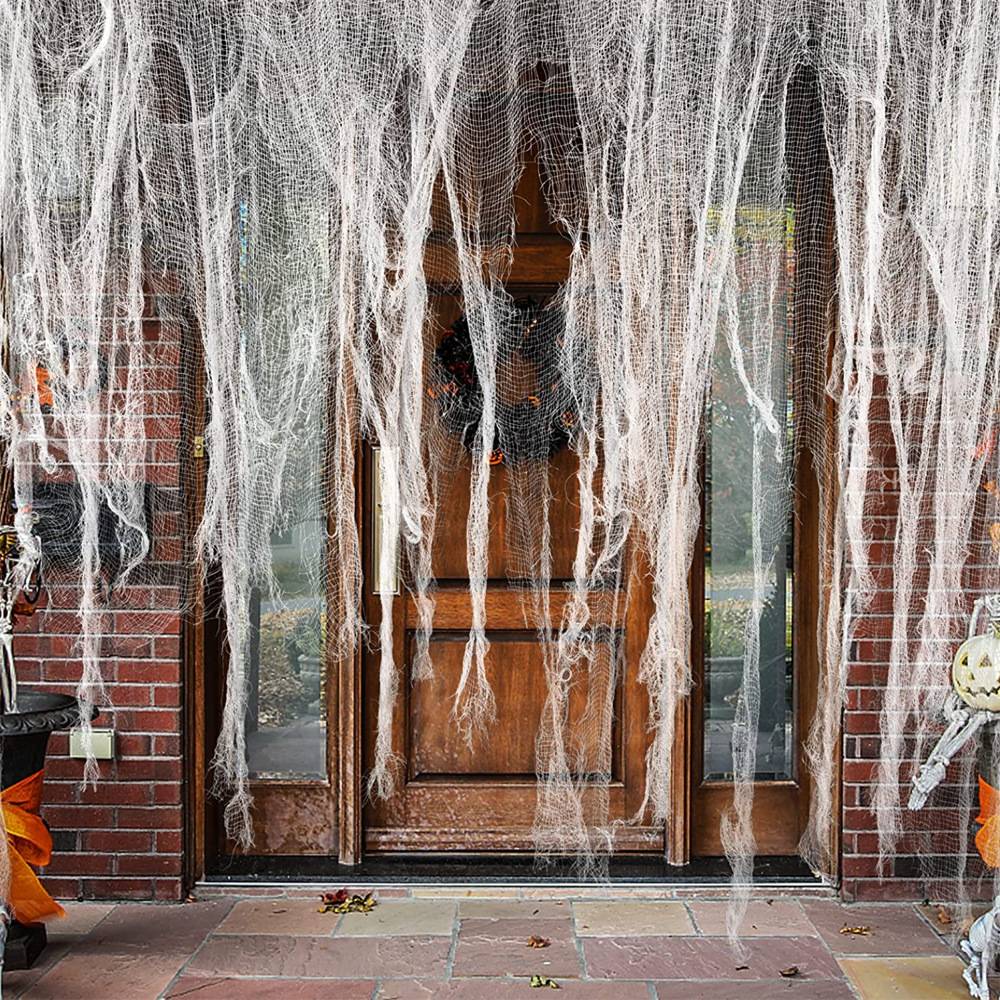 Decorações de Gaze Horripilantes de Halloween para Casa Assombrada com Teia de Aranha Preta Manchada de Sangue para Interiores Assustadoras para Pendurar no Corredor