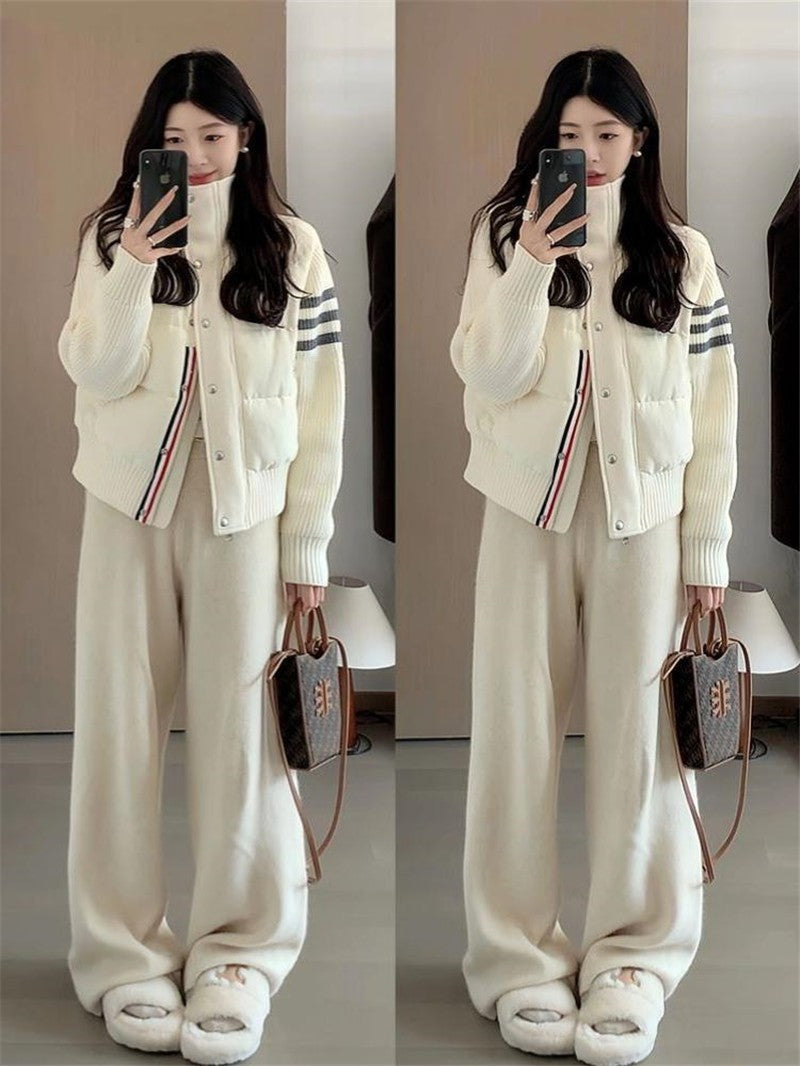 Little Women's Wear Knitted Stitching Coat Down Cotton-padded Short Female 2025 Winter Casual Jacket Loose Collar Thick Overwear