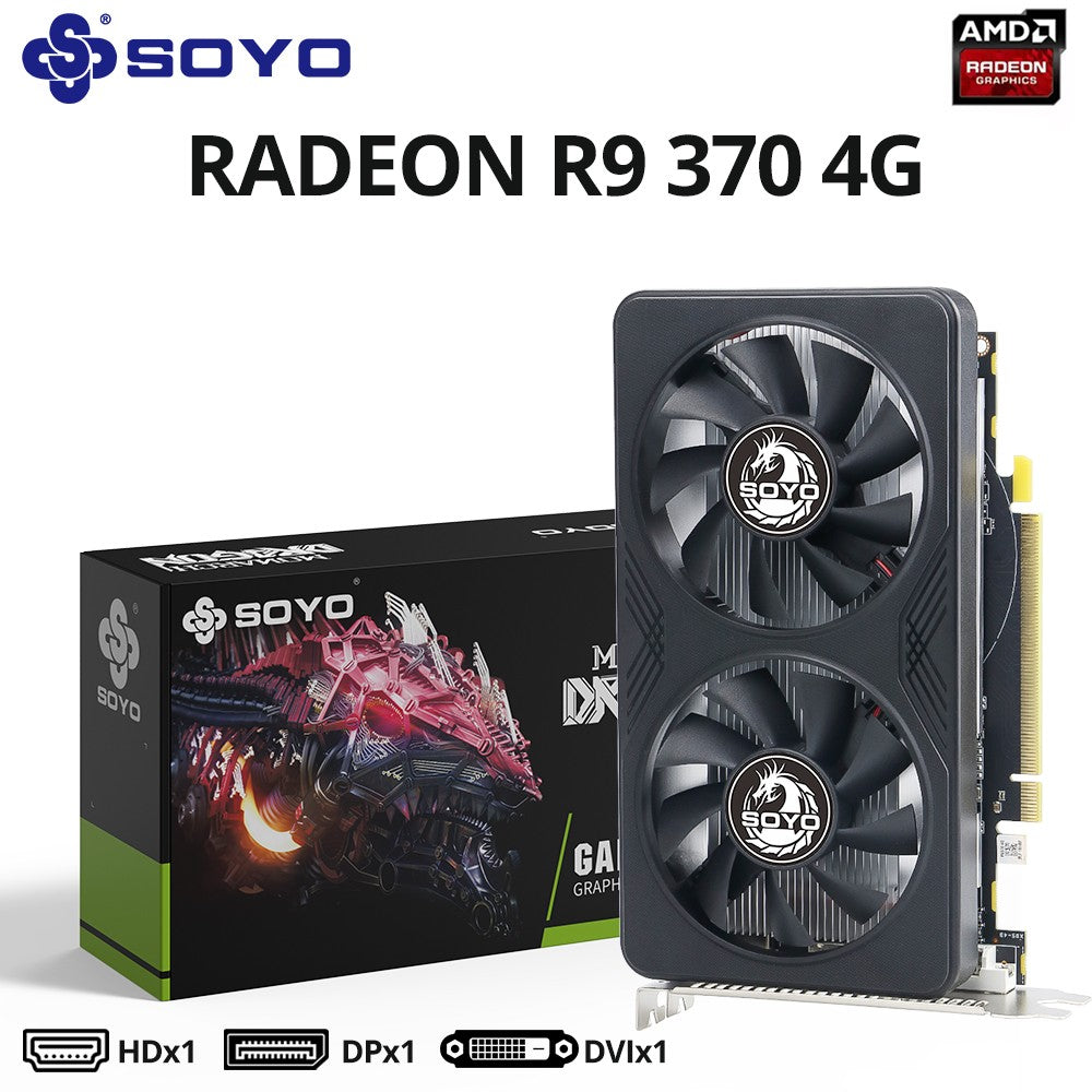 Placa de Vídeo SOYO AMD Radeon R9 370 4G GDDR5 Memória de Vídeo 256Bit Placa de Jogos PCIE3.0x16 DP DVI para Computador Desktop