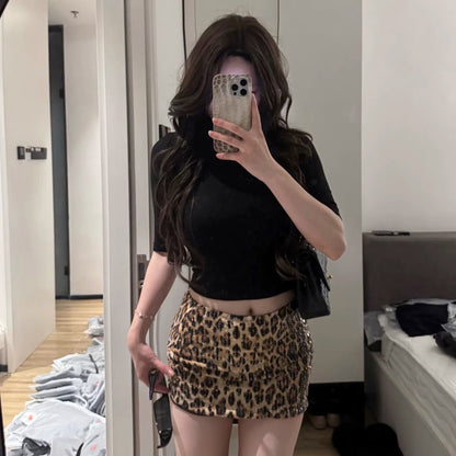 Dulzura Summer Latest Fashion Elegant High Waist Sequins Sexy Slim Leopard Print Short Skirt Party Club Street Clothes Wholesale