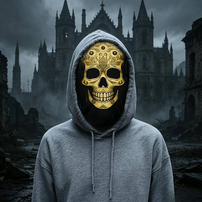 Golden Skull Mask with Patterned Totem Decoration – Inspired By The Mexican Day of The Dead. Featuring Hollow Eye Sockets
