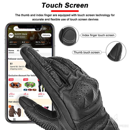 Luvas de Couro Perfurado Retrô de Verão para Motocicleta Masculino Feminino Luvas de Dedo Completo para Motocross Motoqueiro Guantes Moto Equipamento M-XXL
