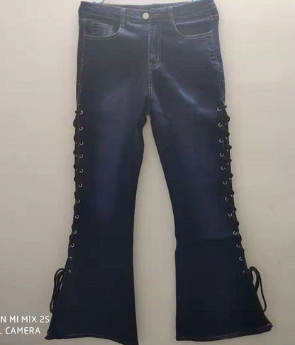 Stretch Braided Women Rope Flared Pants Denim Pants Ladies Push Up Trousers Bell Bottom Jeans Pants High Waist Free Shipping