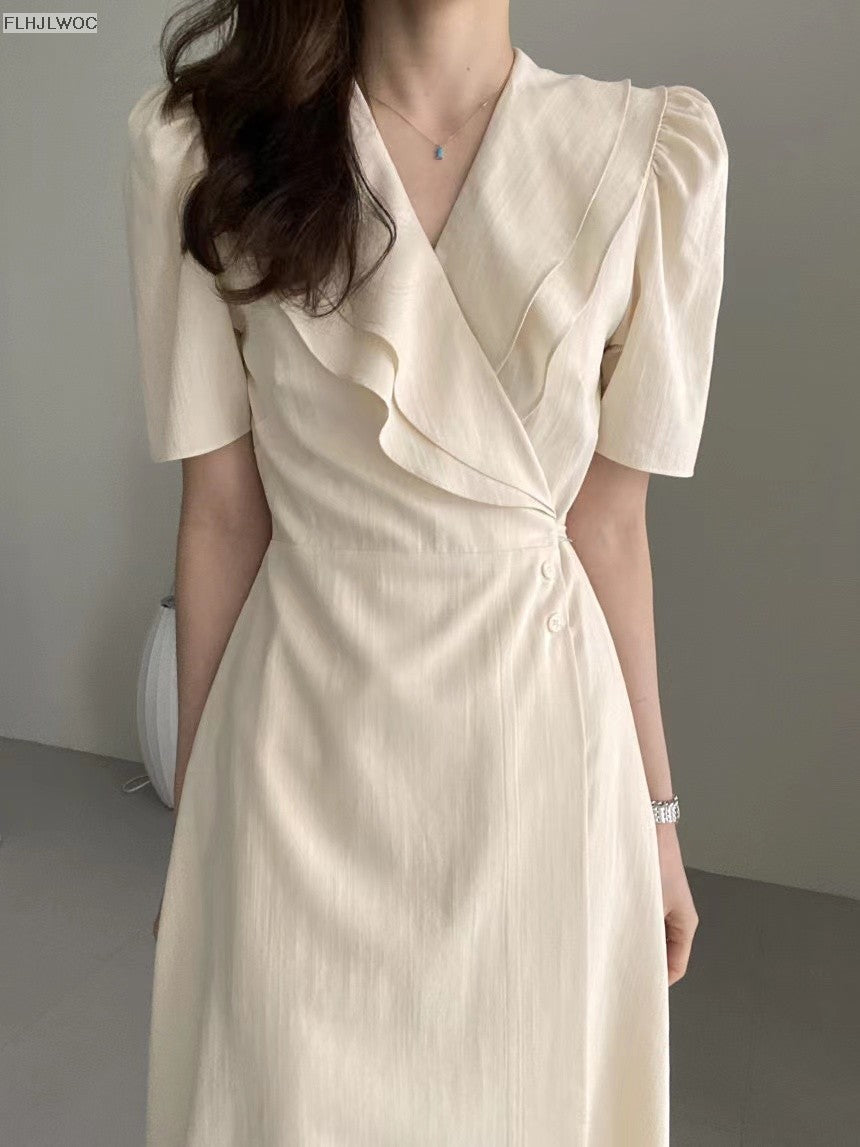 South Korea Chic Midi Dress Women Summer Japan Style Retro Vintage Design Ruffle