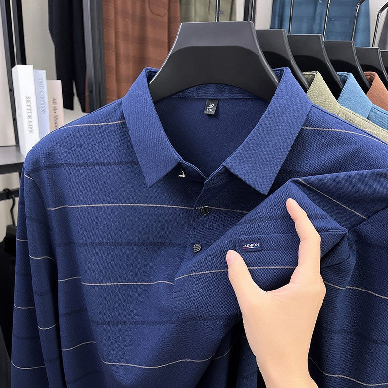 2025 long sleeved men's spring and autumn collar striped pullover top with loose pockets polo shirt