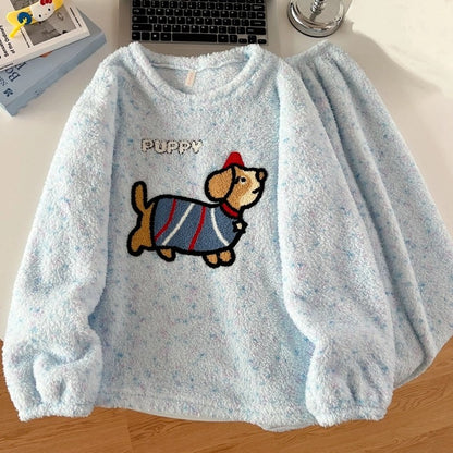 2pcs/Set Pajamas Korean Cute Dog Thickened Warm Fall And Winter Women's Pajamas Long-Sleeved Long Pants Set Sweet New Sleepwear