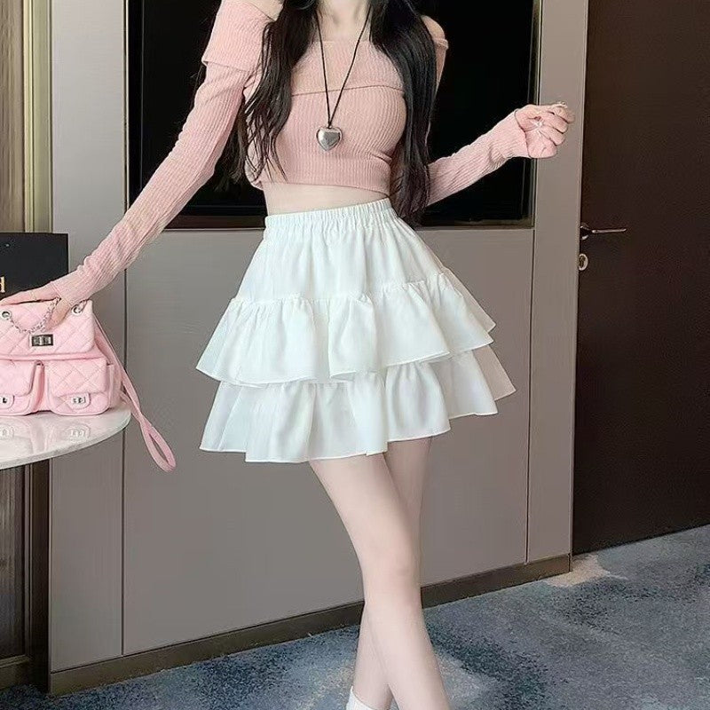 Korean Chic Y2K Sweet Girl's White Princess Mini Skirt Ballet-style Tiered Skirt Elastic High Waist Cake Skirt Shorts All-match