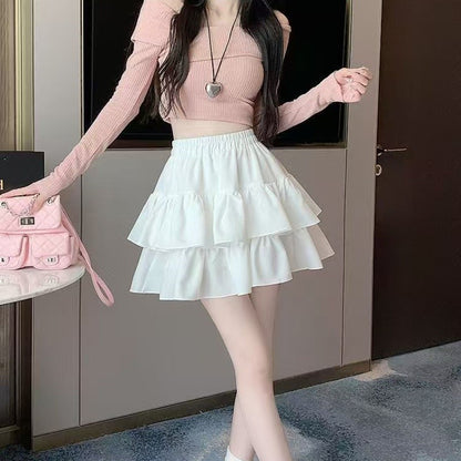 Korean Chic Y2K Sweet Girl's White Princess Mini Skirt Ballet-style Tiered Skirt Elastic High Waist Cake Skirt Shorts All-match