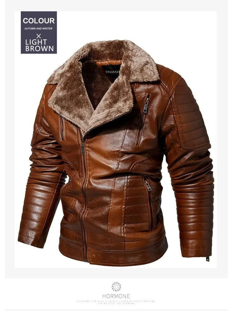 Fashion Warm Winter Mens PU Leather Jacket With Fur Collar Thicken Fleece Motorcycle Coat Casual Faux Leather Locomotive Jacket