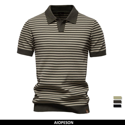 ?AIOPESON 2025 Men's Contrast Striped Polo Shirt - Lightweight V-Neck Knit Top with Breathable Textured Panels