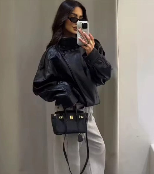 Women's Jacket Fall 2025 New Black Long Sleeve Pebble Faux Leather Jacket Motorcycle Style Personality Fashion