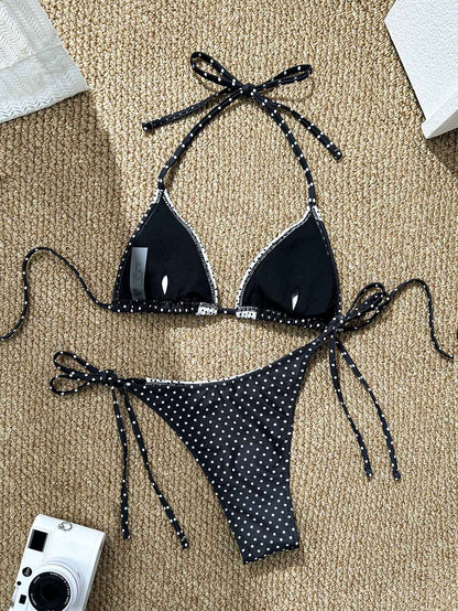 Sexy Black Dot Print Bikini Set Women Halter Lace Patchwork Push Up Bra Tie Side Thong Swimsuit 2025 Beach Bathing Suit Swimwear