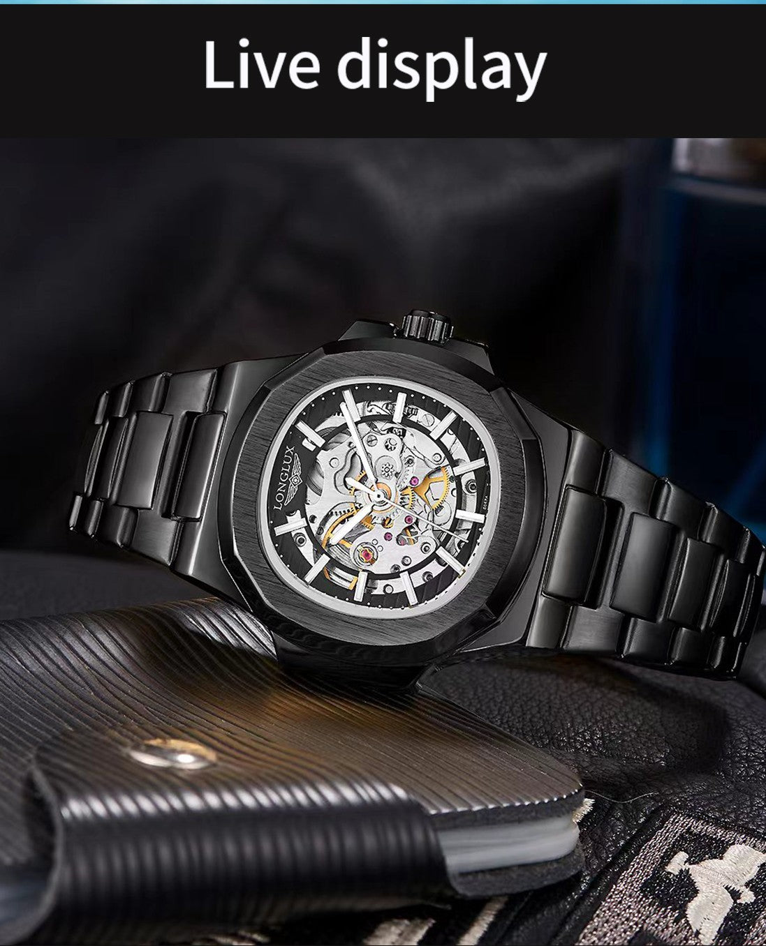 LONGLUX Relógio masculino automático mecânico de luxo à prova d'água esqueleto executivo barato atacado de aço inoxidável relógio de presente
