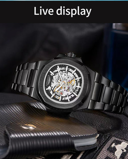 LONGLUX Relógio masculino automático mecânico de luxo à prova d'água esqueleto executivo barato atacado de aço inoxidável relógio de presente