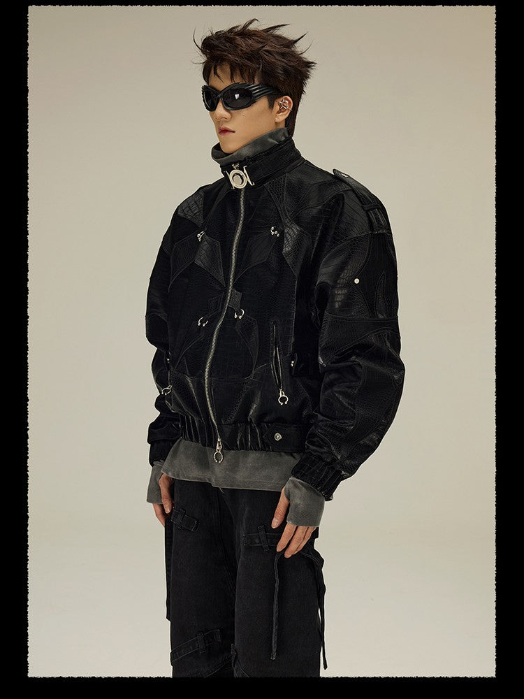 Mauroicardi Spring Autumn Cool Short Shiny Black Crocodile Print Pu Leather Jacket Men Luxury Designer Y2K Streetwear Clothes