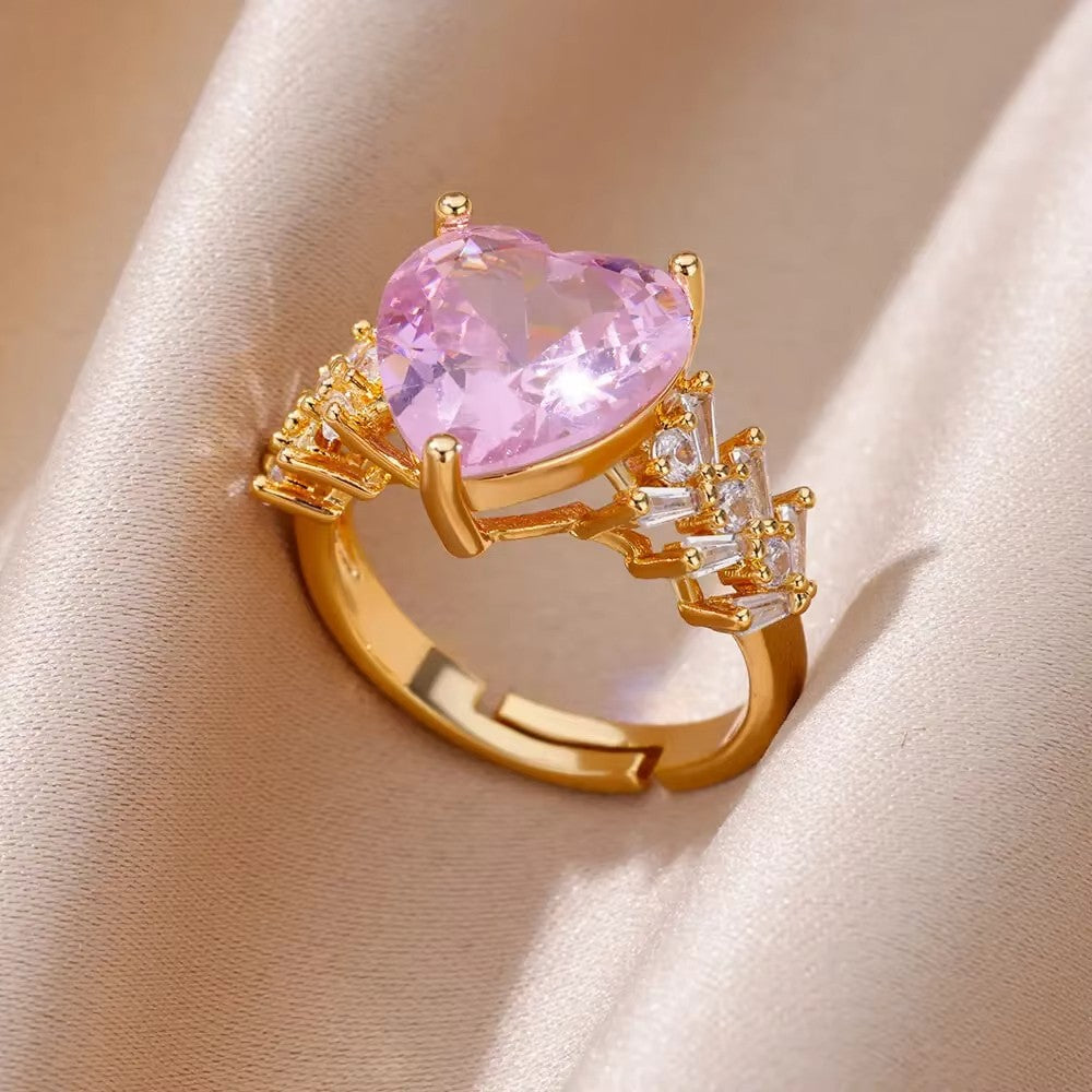 Anéis de Luxo em Aço Inoxidável Banhado a Ouro Pedra Colorida Zircônia Cristal Coração Anel Feminino Casamento Joias Boho Presente de Natal