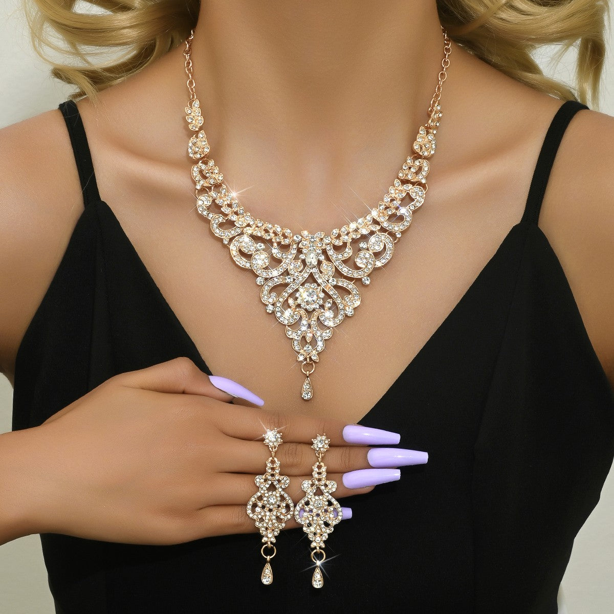 Conjunto de joias estilo palaciano com design sofisticado, joias femininas de luxo com strass incrustados