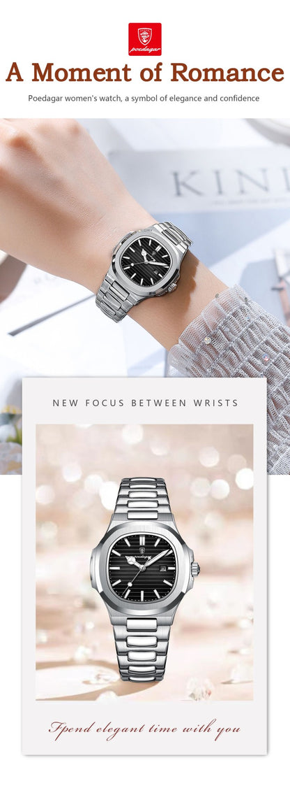 POEDAGAR Elegant Women's Quartz Watches Waterproof Luminous Date Ladies Wristwatch Stainless Steel Fashion Watch For Woman Reloj