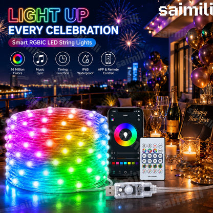 USB RGBIC LED Fairy Lights WS2812B Bluetooth Smart Control Dream Color Music Sync Waterproof Garland Holiday Wedding Decor Lamp