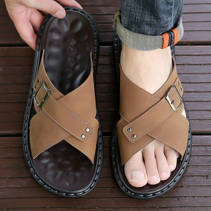 Men Summer Stylish Slippers Open-toe Soft-Soled Shoes Simple Solid Color Half Drag Slip-On Shoes Outdoor Man Comfortable Sandals