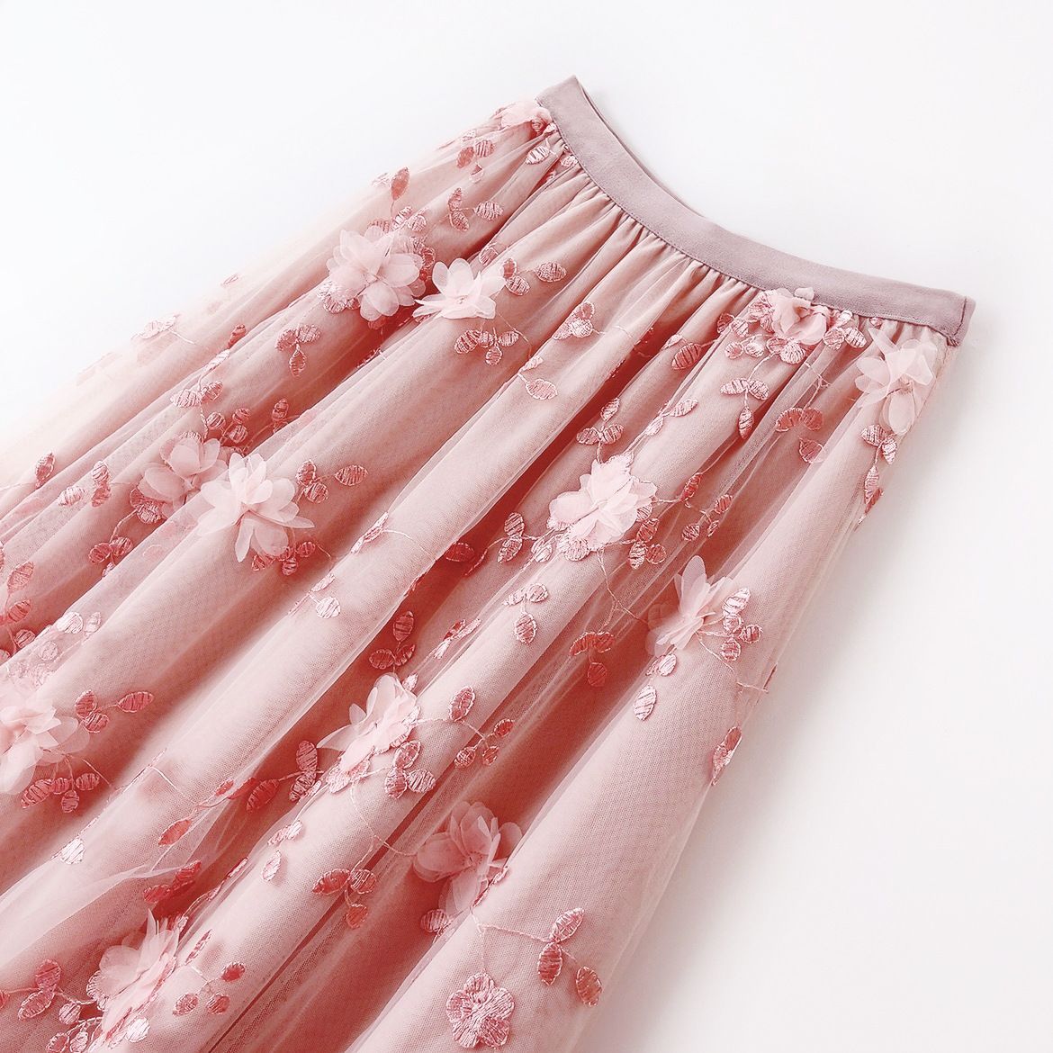 New in A-Line High Waist Embroidery 3D Flower Tulle Midi Skirt Women Spring Summer Pink Chic Elegant Mesh Party Long Skirt