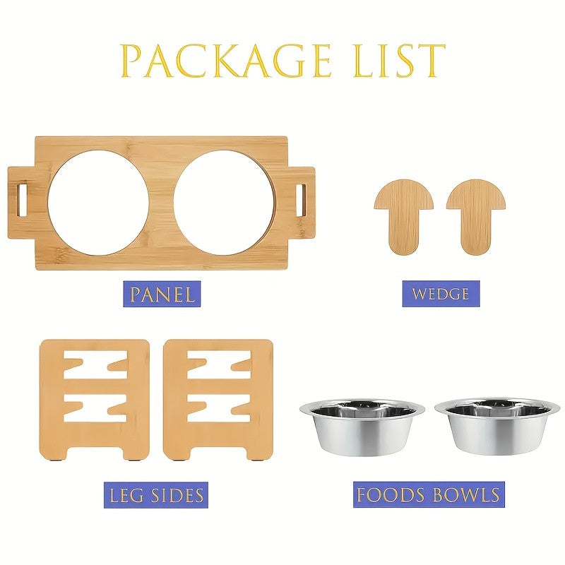Suporte de Tigela Ajustável para Pets com 6 Posições, Tigelas Duplas de Bambu para Comida e Água de Cães e Gatos, Comedouro Elevado para Cães e Gatos de Pequeno, Médio e Grande Porte
