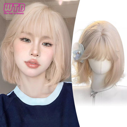 Peruca Sintética Lolita Curta Cacheada 12 Polegadas Doce E Adorável Dourado-Branco Natural Fofa Cabelo Ondulado Cosplay Peruca De Cabeça Cheia Para