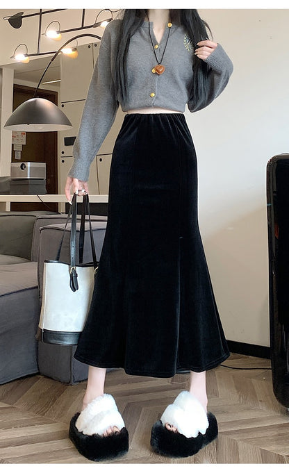 Elastic Velvet Long Black Skirts Women 2025 Casual Korean Fashion Y2k Clothes Mid Length Elegant High Waist Harajuku Maxi Skirt