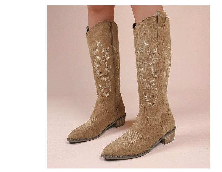 Embroidered Western Cowboy Boots for Women Autumn Pointed Toe Thick Heel High Knee Boots Woman Loose PU Leather Long Botas Mujer