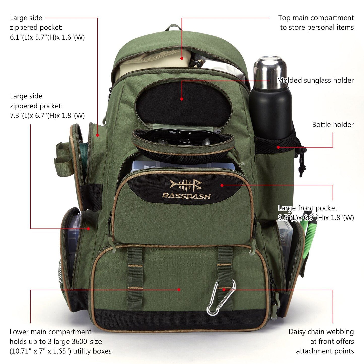 Bassdash Fishing Bag Tackle Backpack Leve Tático Caixa de Pesca Multifuncional