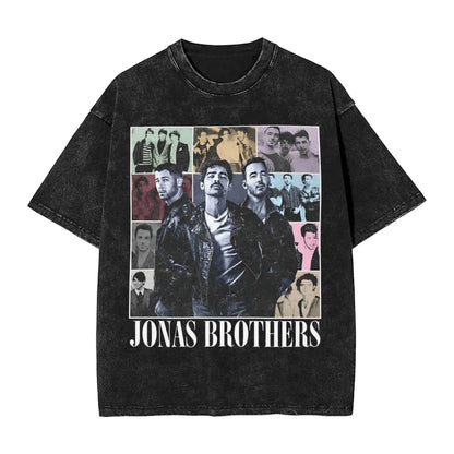 Summer Men's Retro Women's Casual Crew Neck Fashion Loose Clothing Jonas Brothers Washed Short Sleeve 100% Cotton T-Shirt